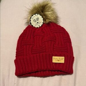 Britt's Knits Maroon fleece lined Beanie with Faux Fur Pom-Pom